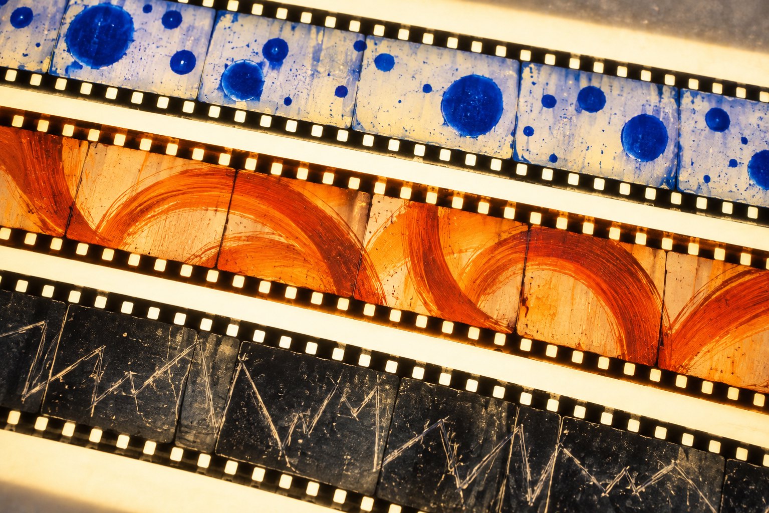 Conceptual illustration of three illuminated filmstrips with blue dots, orange brushstrokes, and pale scratched lines.