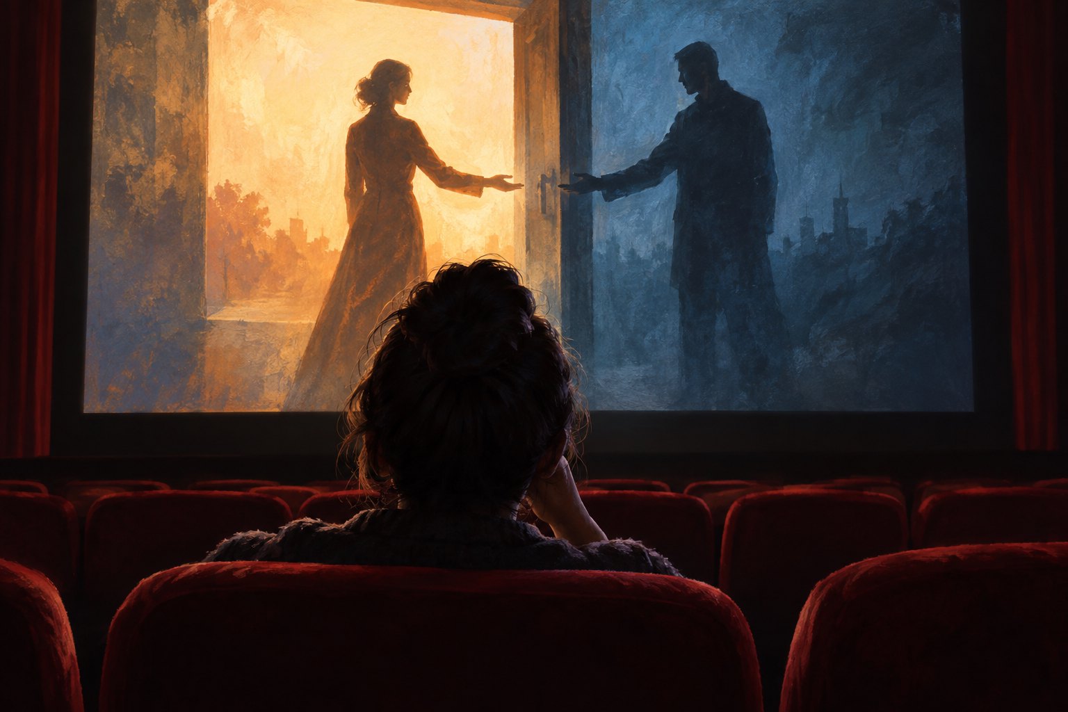 Conceptual illustration of a cinema viewer watching two figures face each other across a doorway divided by warm light and cool shadow.