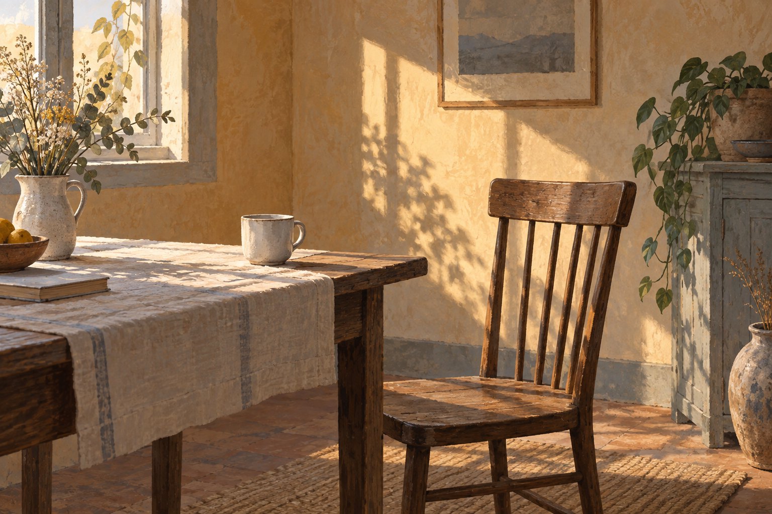 Conceptual illustration of an empty wooden chair beside a table and ceramic cup in a sunlit room, suggesting absence rather than depicting a scene from NAZA.
