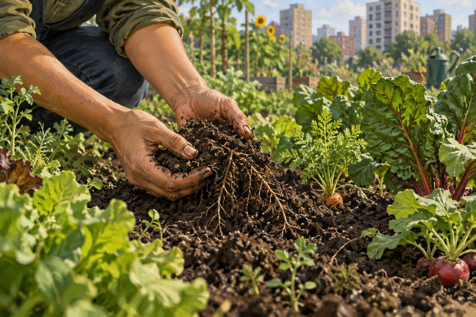 Conceptual illustration of hands examining soil and plant roots in a vegetable garden with city buildings beyond.