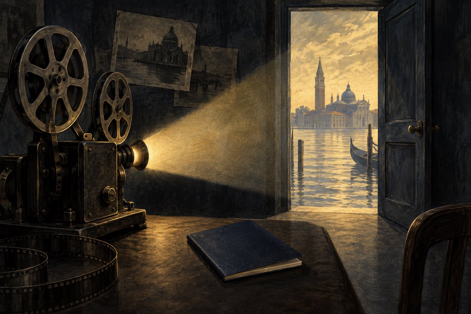 Symbolic illustration of a film projector beside an unmarked blue booklet, casting light toward an open doorway overlooking Venice.