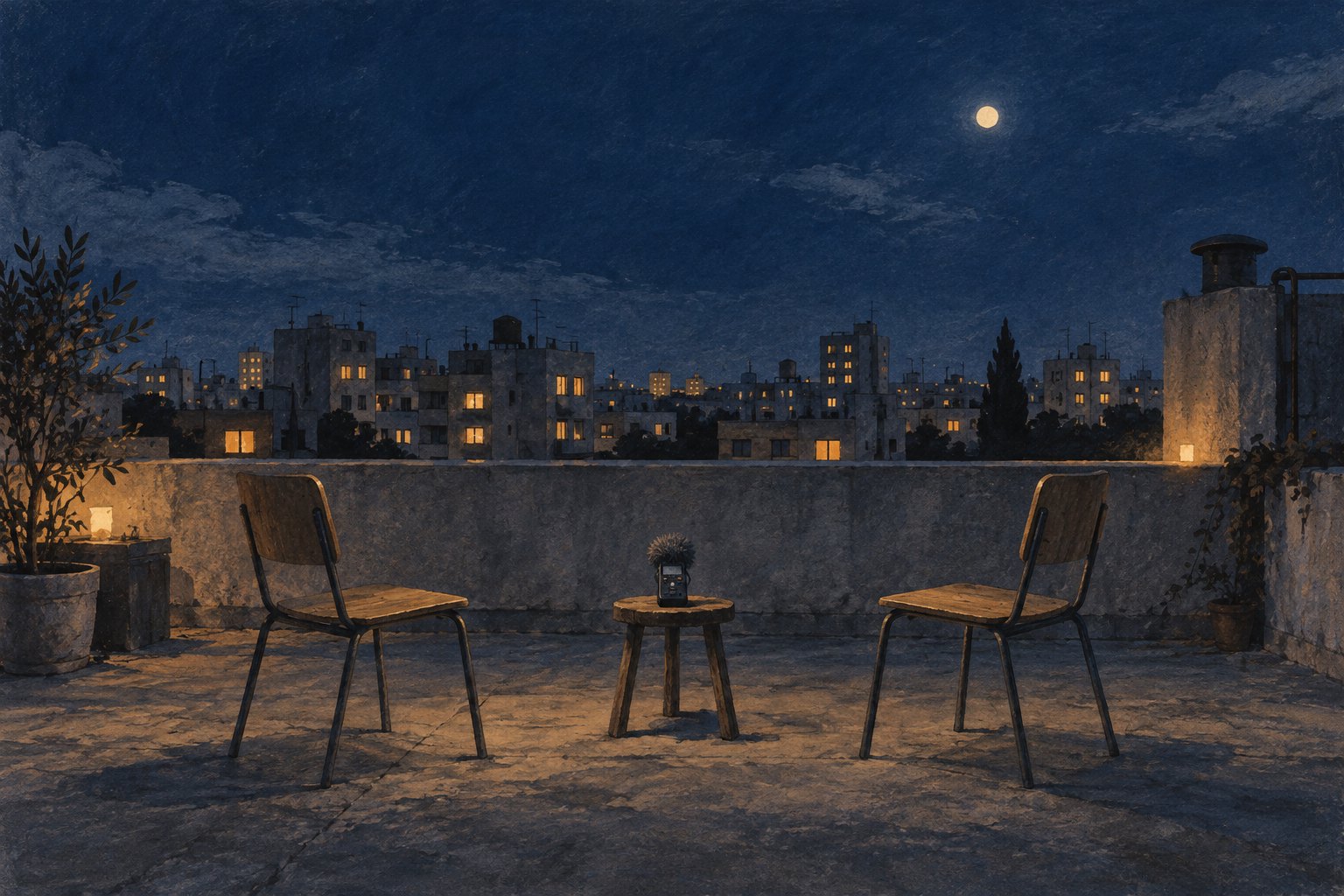 Symbolic illustration of two empty chairs and an audio recorder on a moonlit rooftop, representing listening and silence.