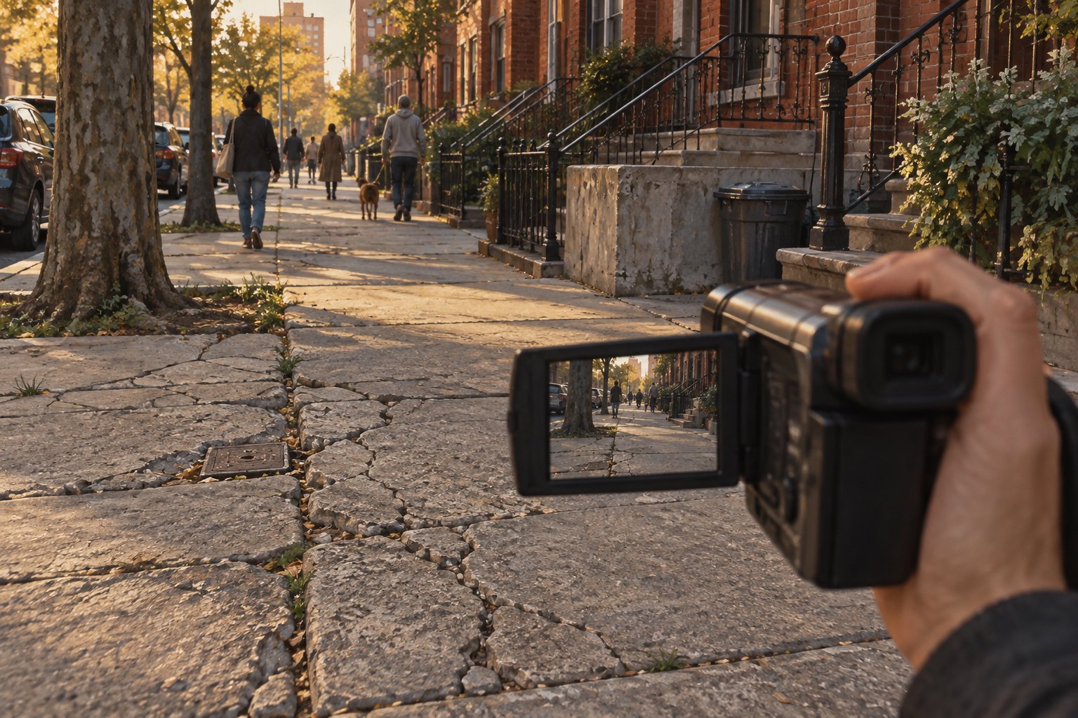 Editorial illustration of a handheld video camera facing a cracked city sidewalk lined with brick apartment buildings.
