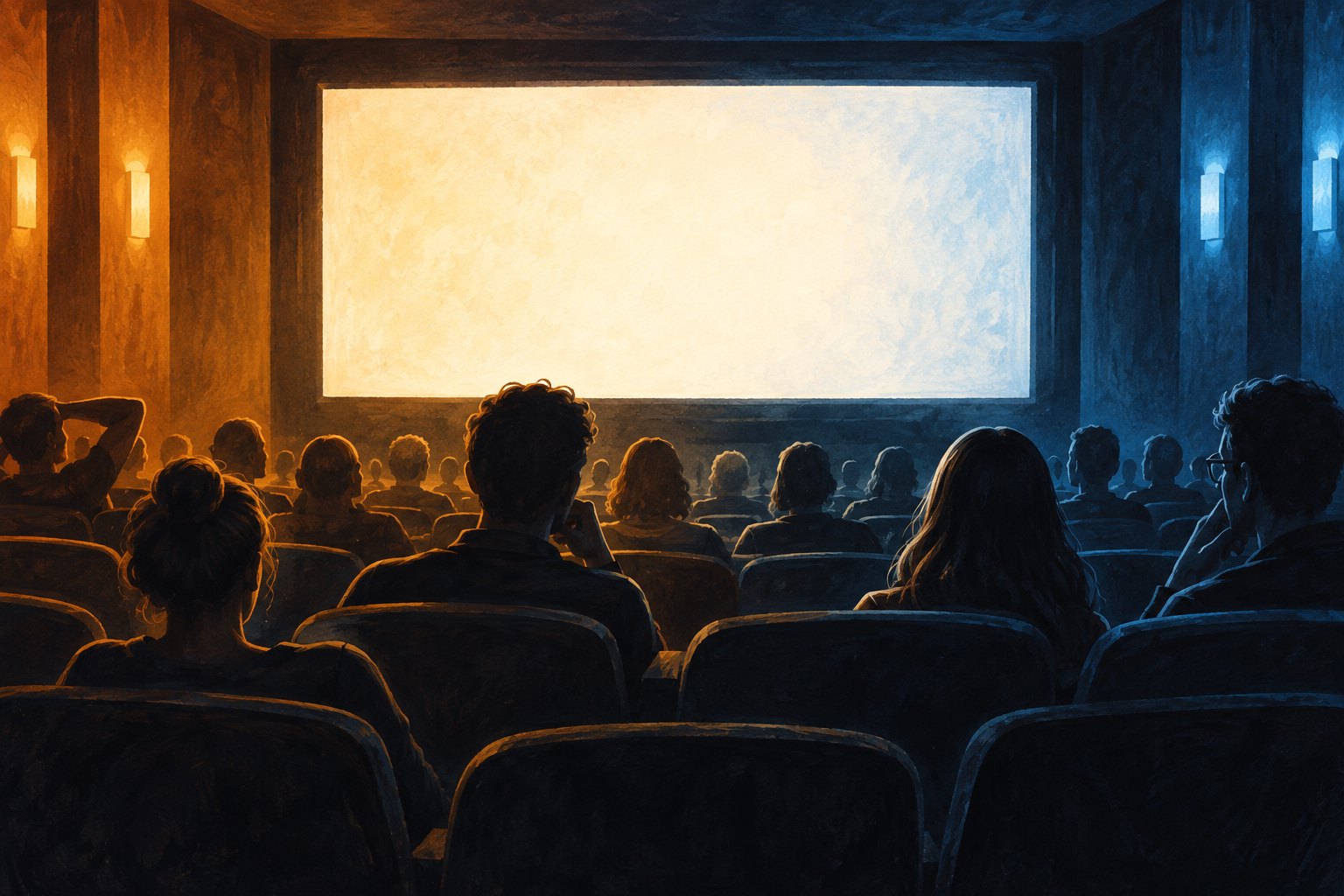 Conceptual illustration of a cinema audience facing a blank screen under contrasting amber and blue light.