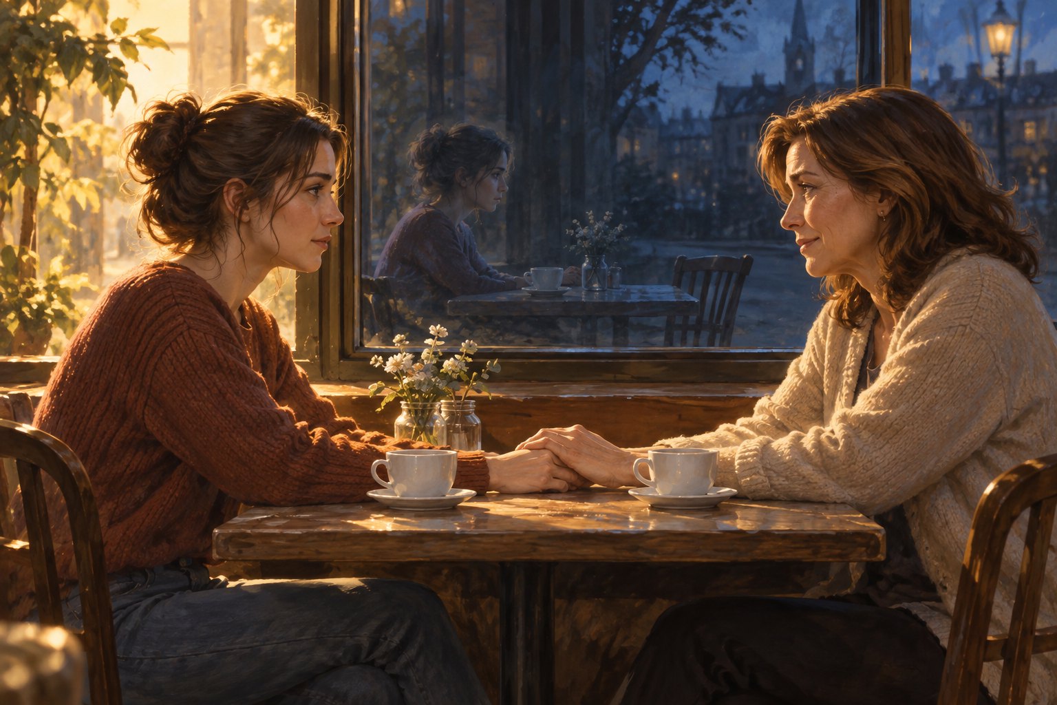 An illustrated mother and adult daughter hold hands at a cafe table while the window reflection shows the daughter beside an empty chair.
