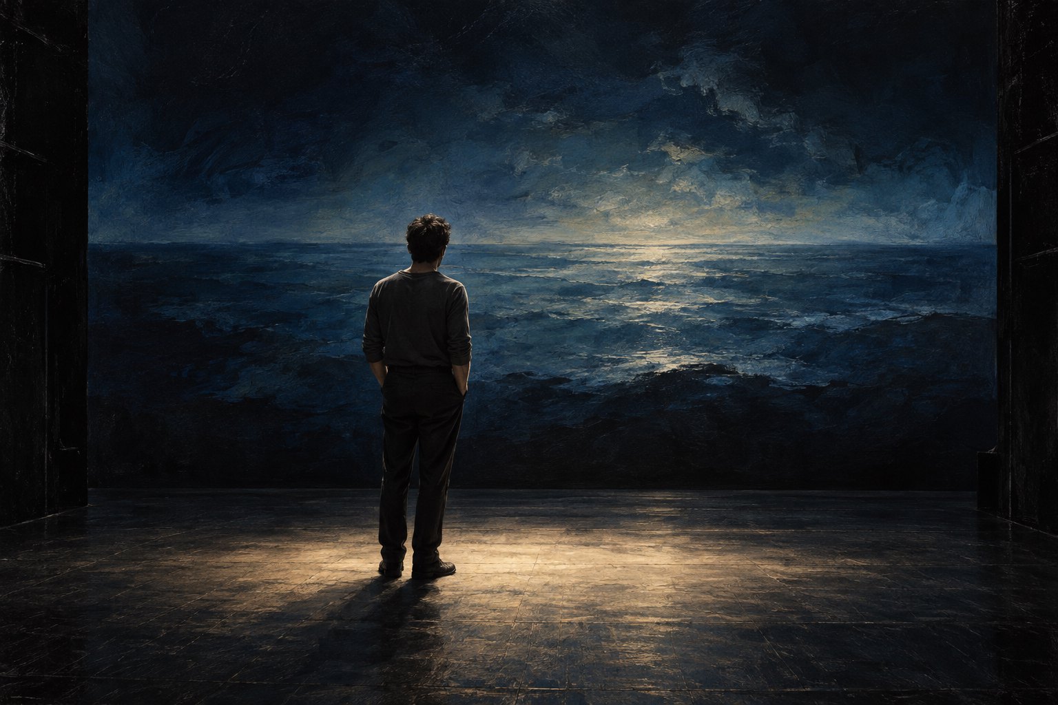 Conceptual illustration of a solitary performer on a dark stage with a blue sea horizon behind him.