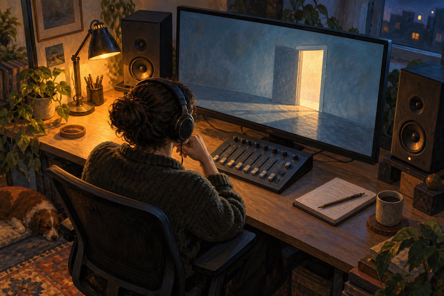 Painterly illustration of a headphone-wearing editor at a sound console, watching an image of an illuminated doorway.