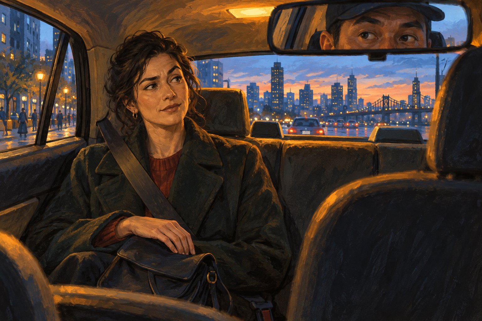 Conceptual illustration of a skeptical passenger inside a taxi at dusk, with the driver's eyes reflected in the rearview mirror.