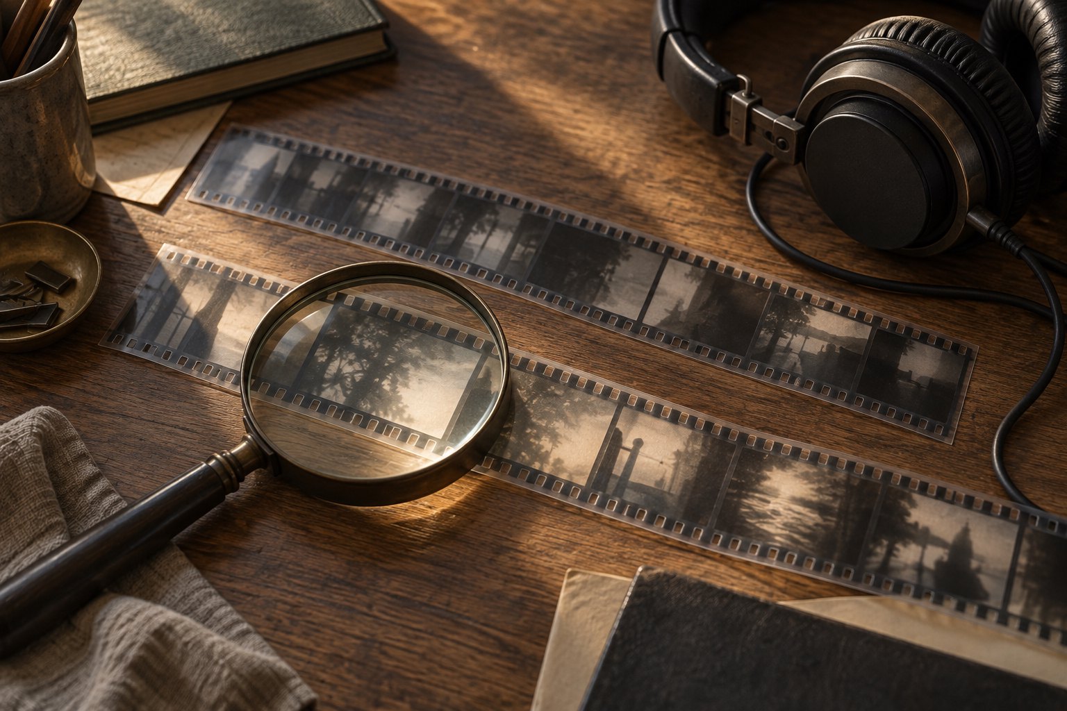 Conceptual illustration of a magnifying glass over film strips on a wooden table beside headphones.