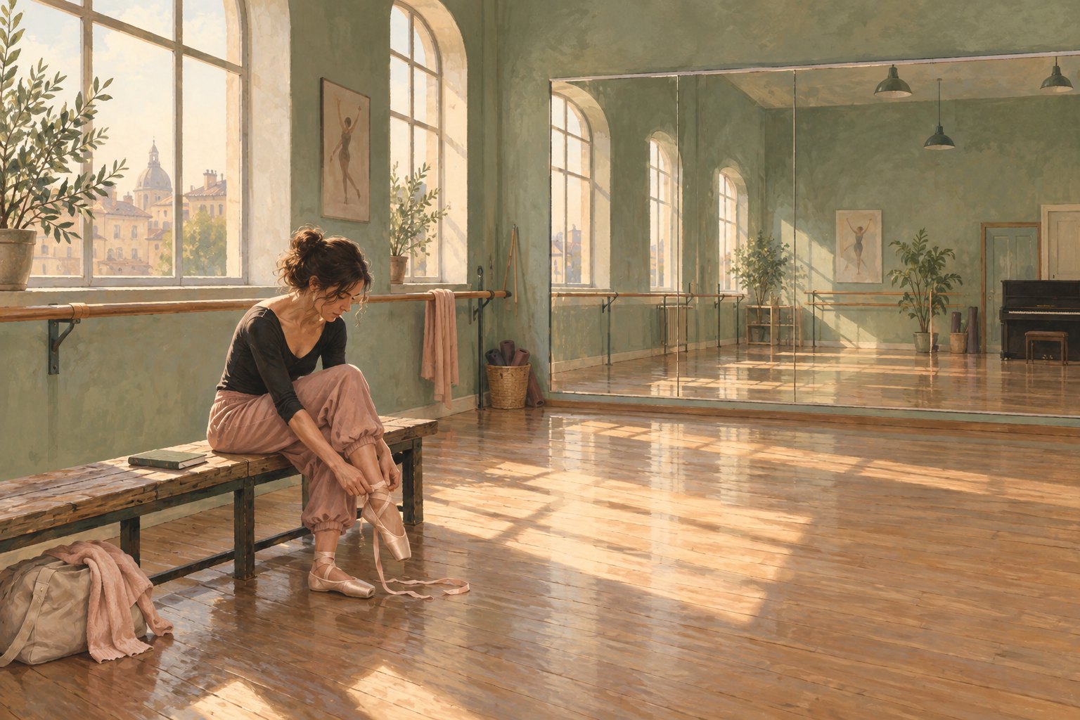 Conceptual illustration of a woman unlacing her dance shoes on a bench in a quiet rehearsal studio.