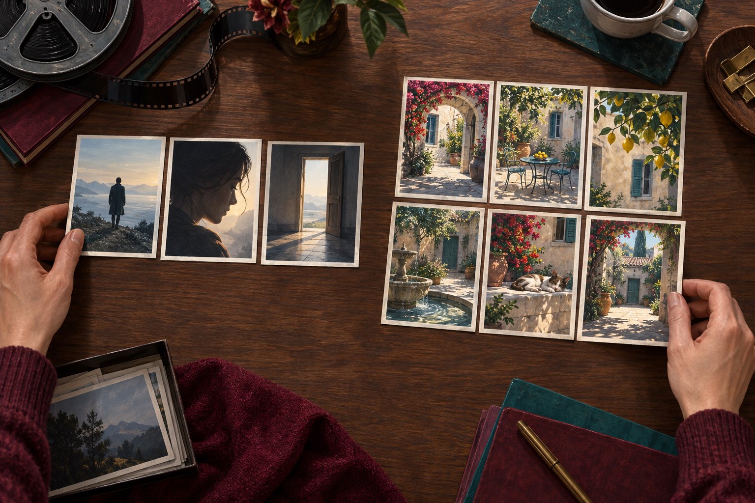Conceptual illustration of hands arranging character portraits and courtyard images into two storyboard sequences on a wooden editing table.
