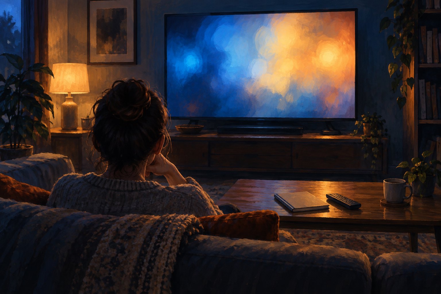 Conceptual illustration of a viewer watching a softly glowing television in a quiet living room.