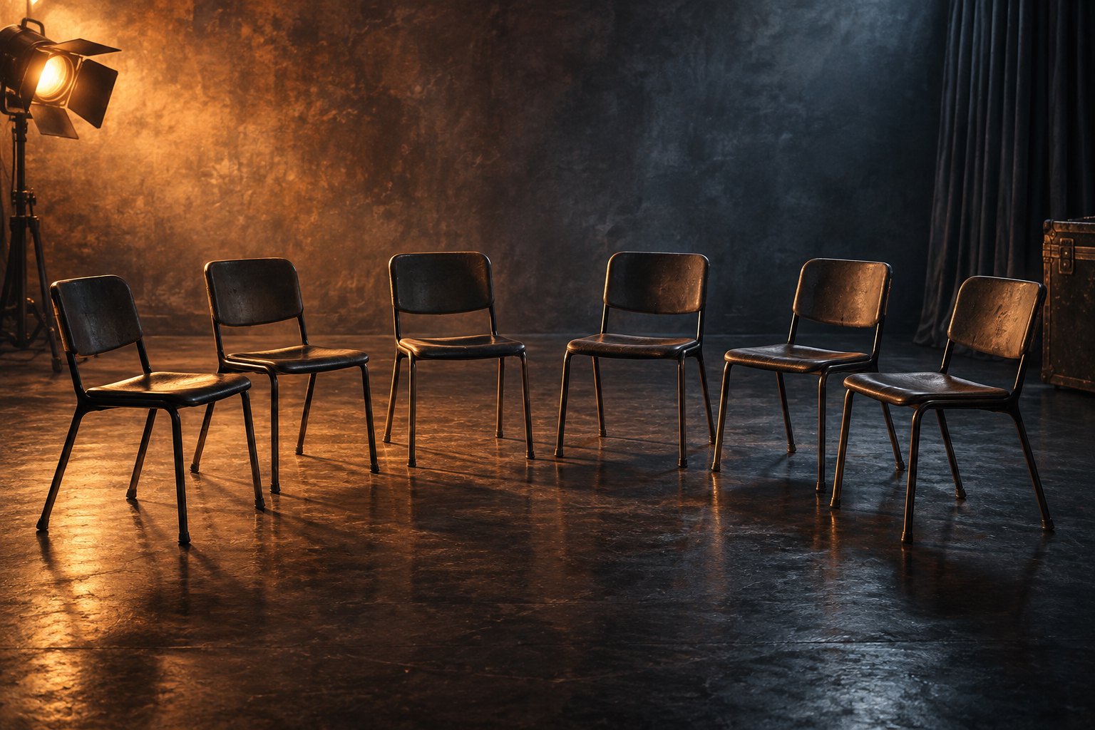 Conceptual illustration of six empty rehearsal chairs under copper-colored studio lighting.