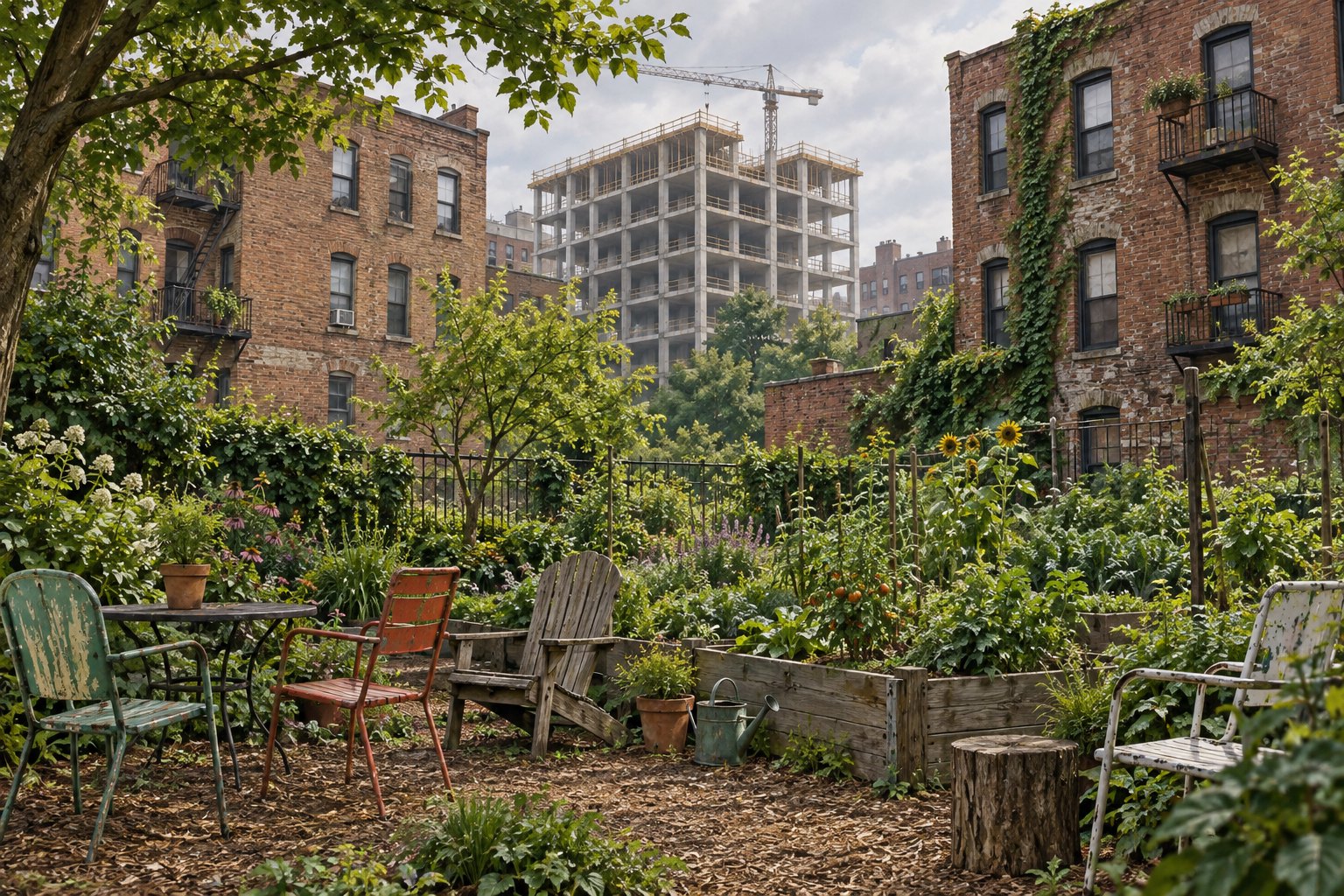 Conceptual illustration of a leafy community garden surrounded by older brick buildings and an unfinished concrete apartment structure.