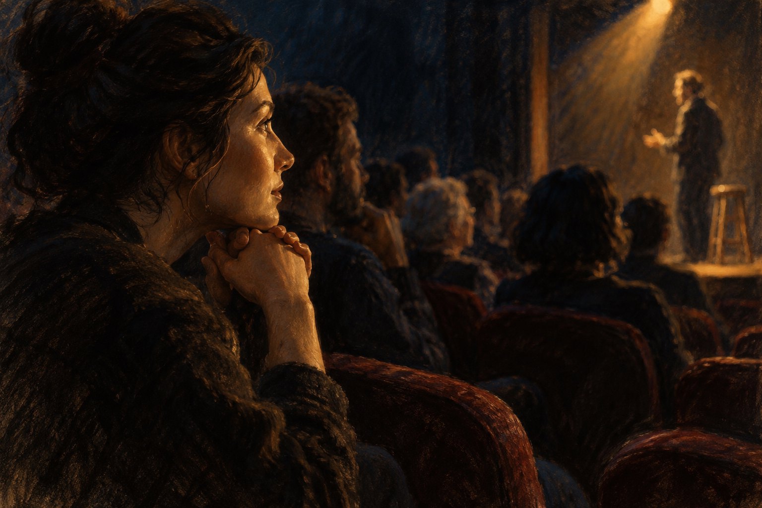 Conceptual illustration of an attentive theatergoer with clasped hands watching a softly lit performer.