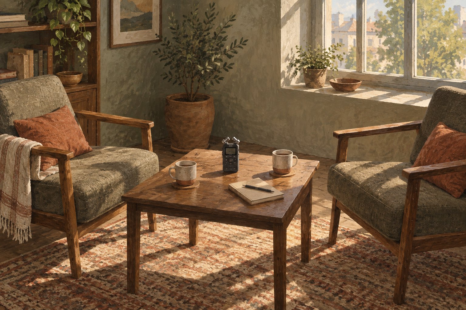 Conceptual illustration of two empty armchairs facing an audio recorder on a table in a sunlit room.