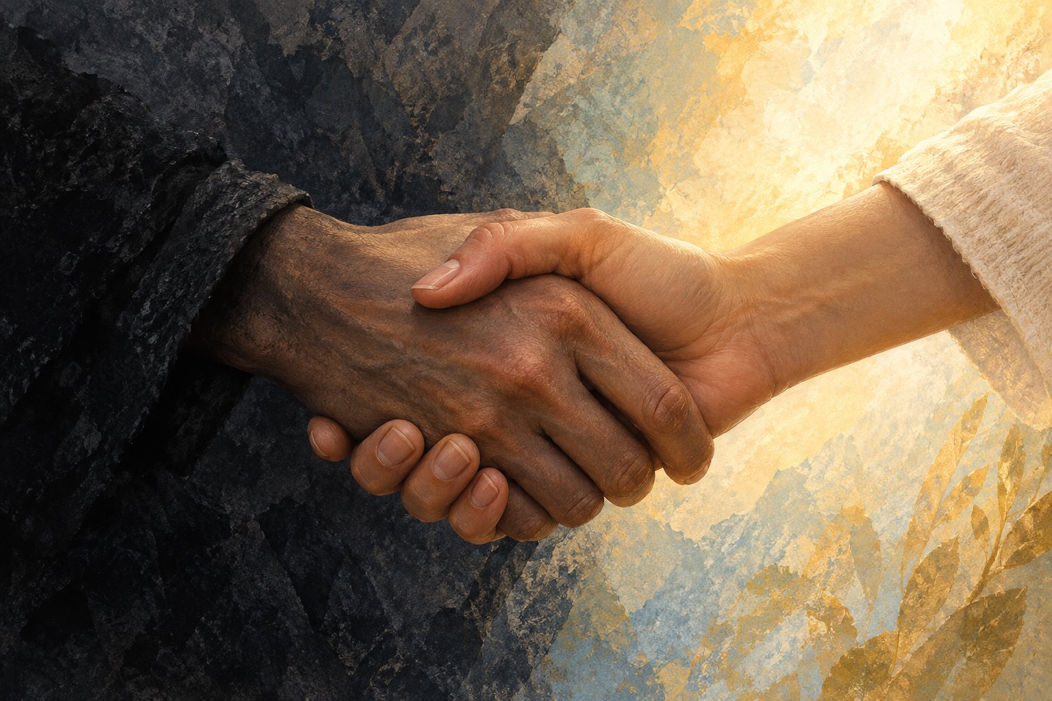 Symbolic editorial illustration of two hands clasped in support against a background shifting from darkness to warm light.