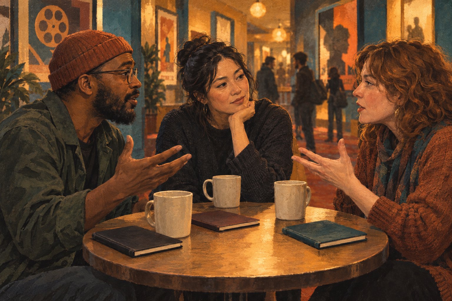 Conceptual illustration of three moviegoers discussing a screening around a table in an imagined cinema lobby.