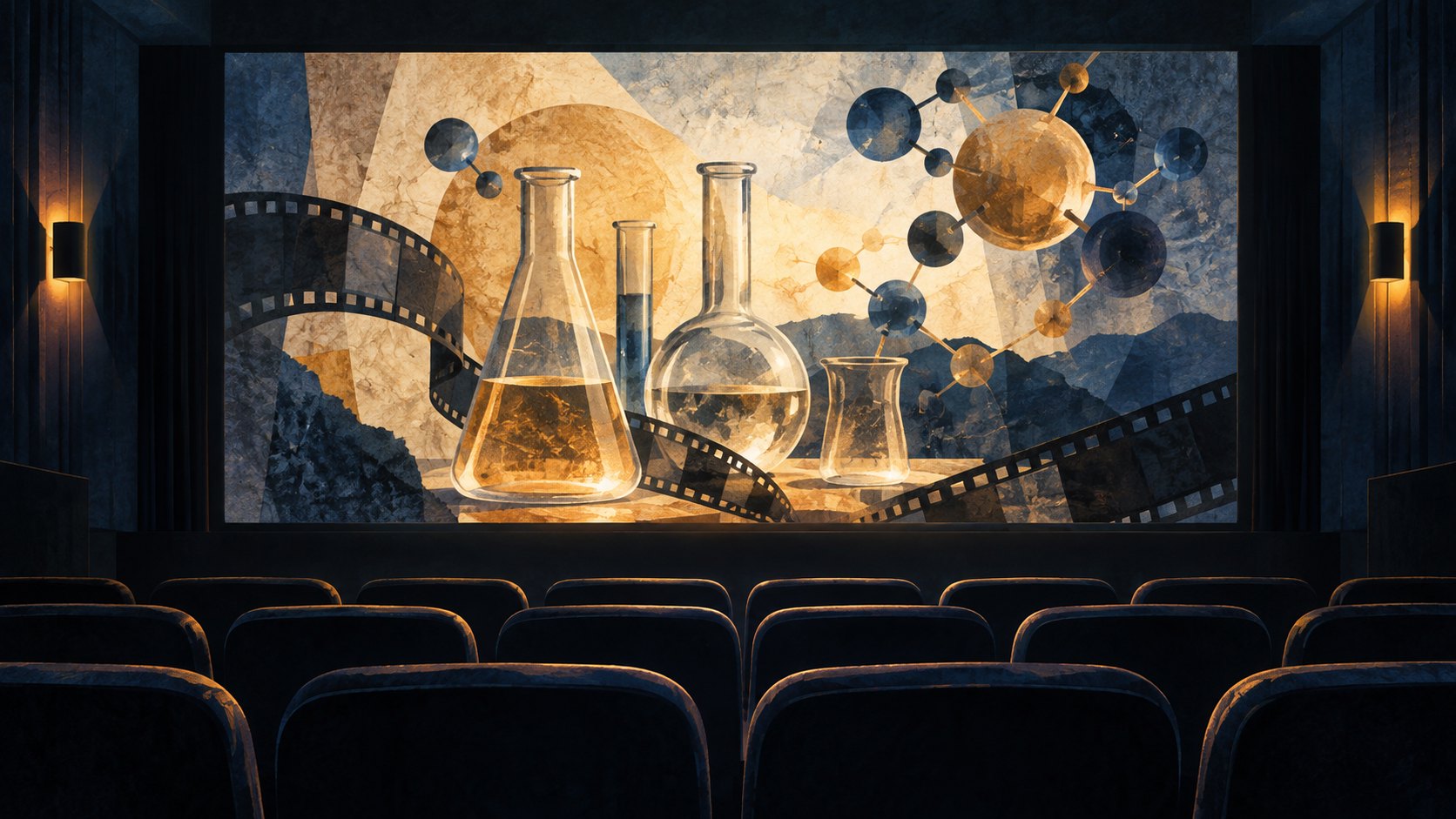 概念插圖:幽暗戲院的銀幕映出實驗玻璃器皿與抽象分子造型,呈現化學研究走入電影的想像