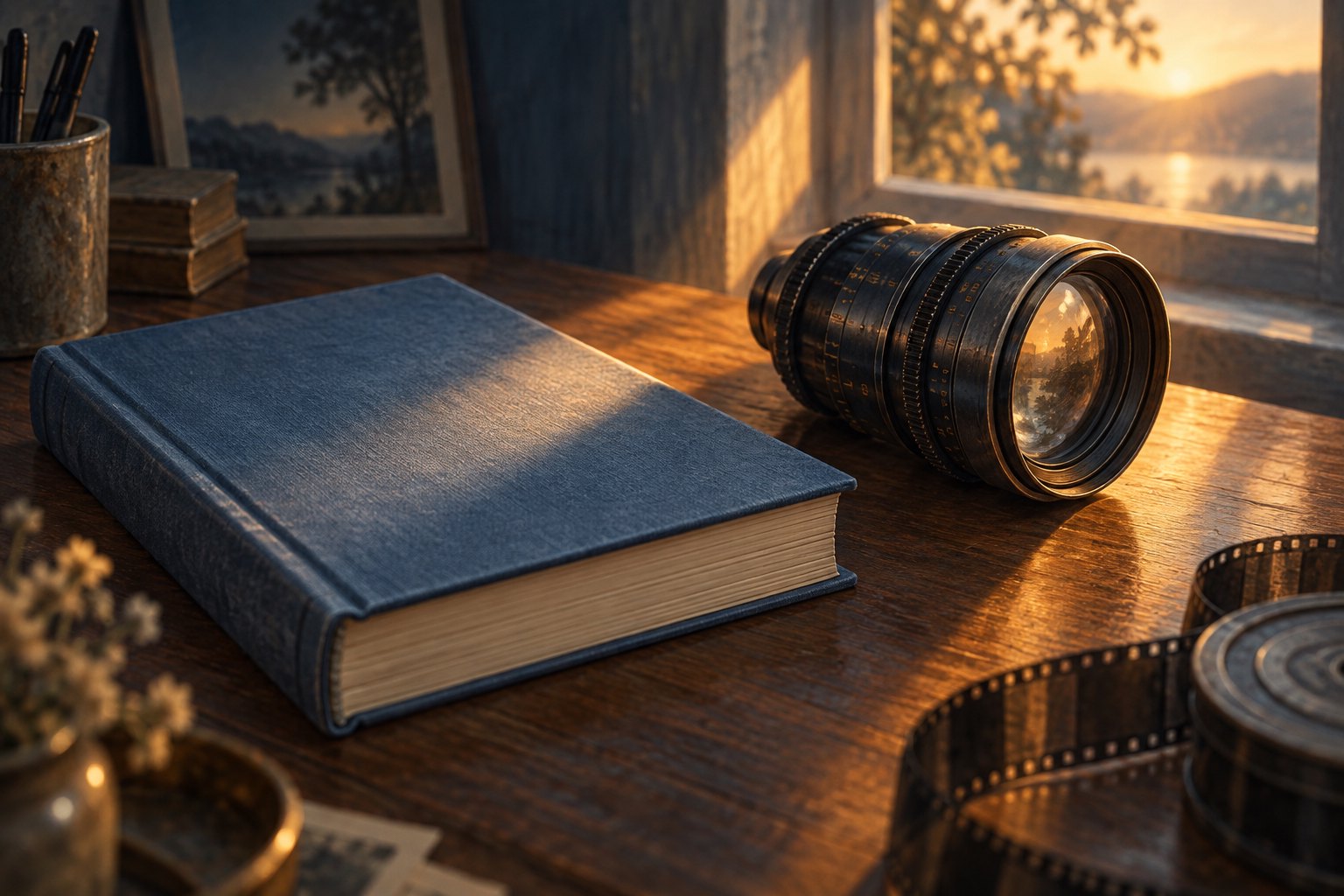 Conceptual illustration of an unmarked blue novel and a cinema lens on a wooden desk in warm window light.