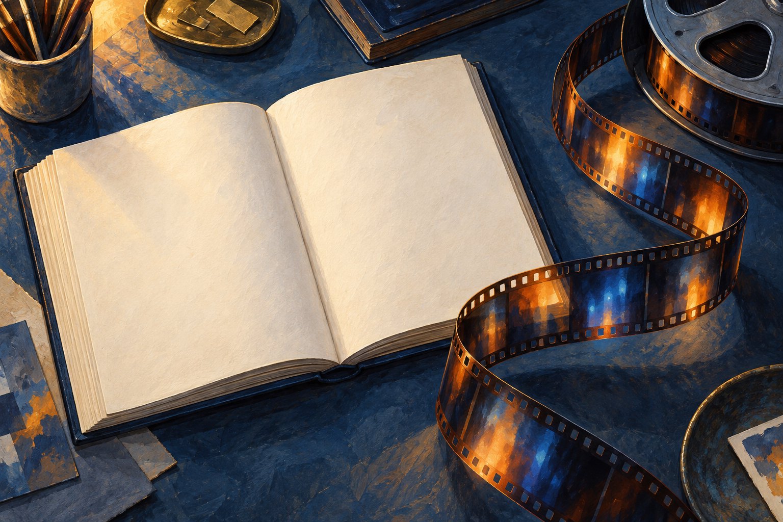 Original illustration of an open blank book beside a curling strip of amber-and-blue film on a dark blue worktable.
