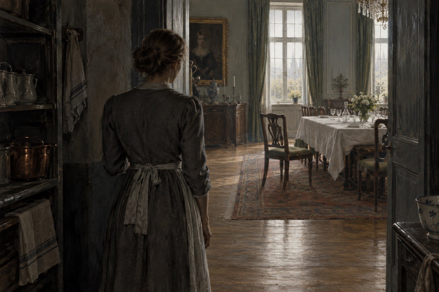 Conceptual illustration of a woman in period clothing standing between a dark service corridor and an elegant Danish dining room.
