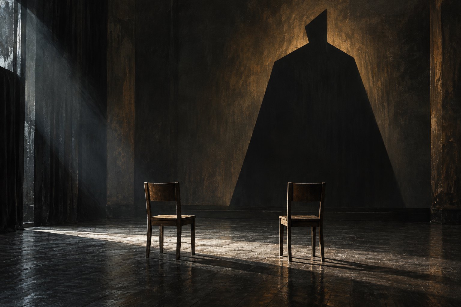 Conceptual illustration of two empty wooden chairs facing an angular shadow in a dim rehearsal space.