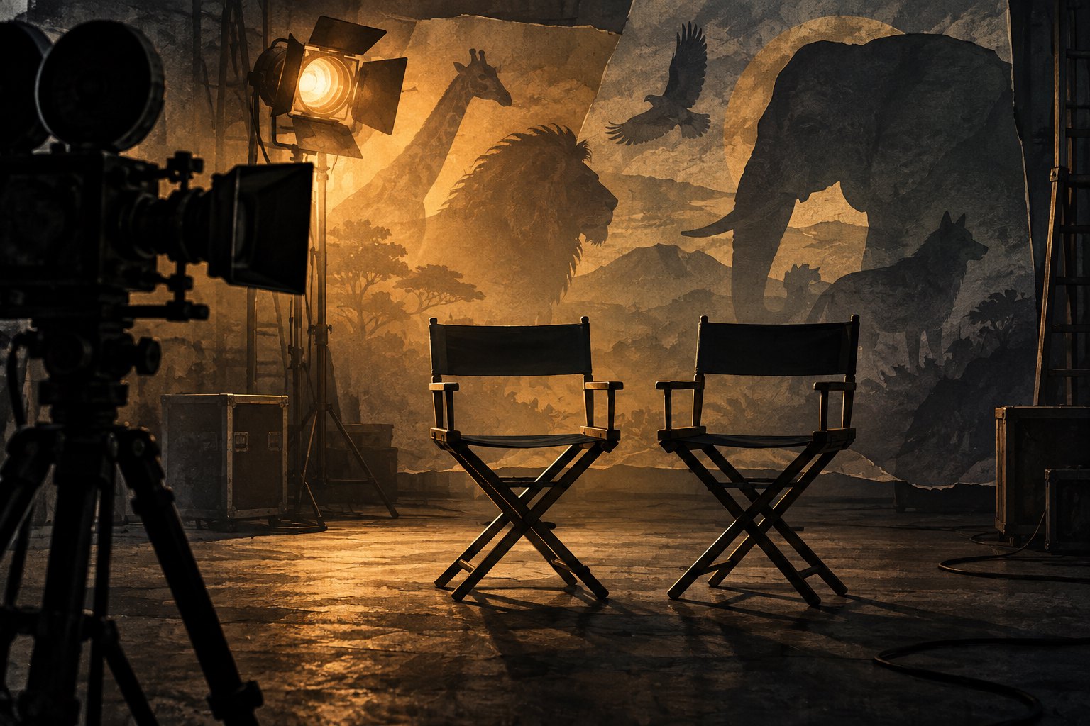 Conceptual illustration of two empty actors’ chairs on an amber-lit soundstage with a foreground camera and animal silhouettes on the backdrop.