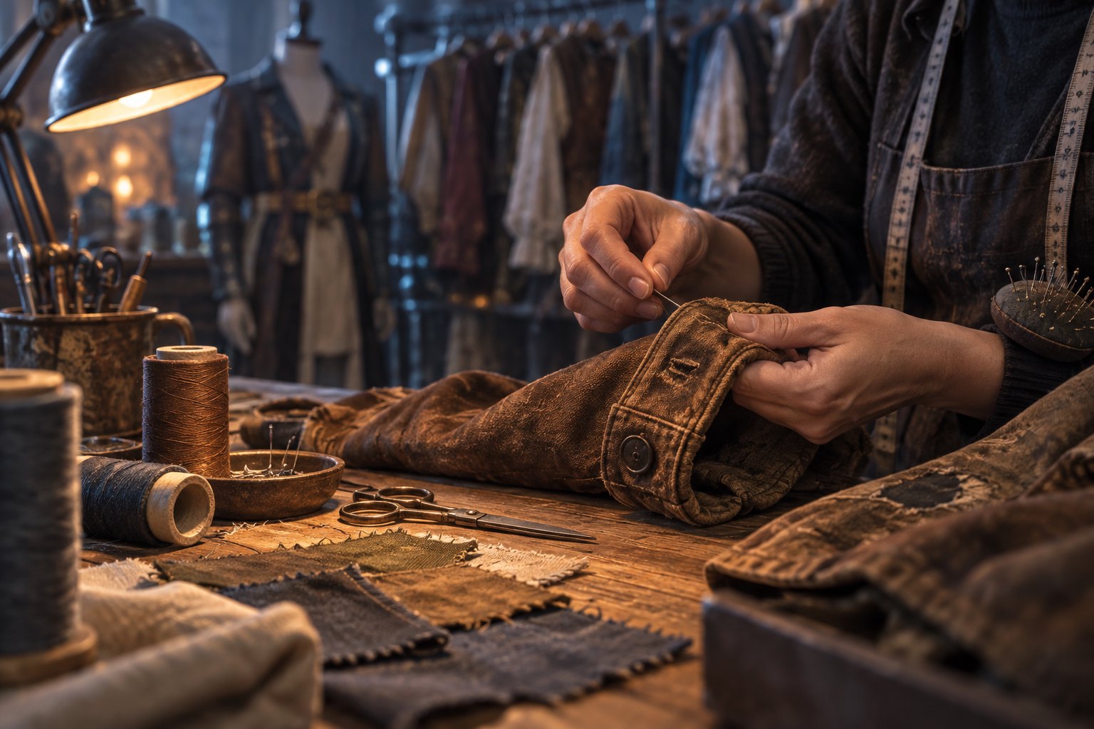 Conceptual illustration of a wardrobe craftsperson repairing a brown jacket beside sewing supplies under a work lamp.