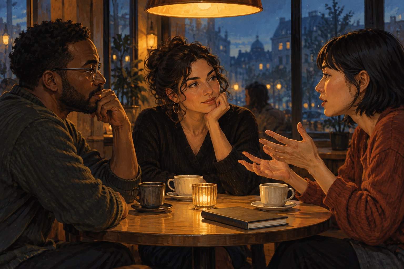 Editorial illustration of three moviegoers discussing a film around a warmly lit cafe table.