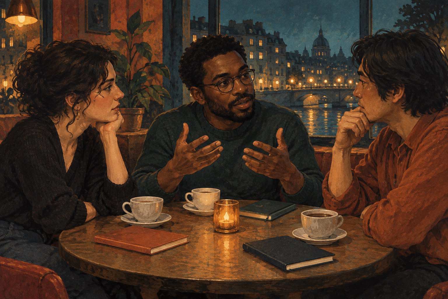 Gouache illustration of three moviegoers discussing a film over coffee and closed notebooks at night.