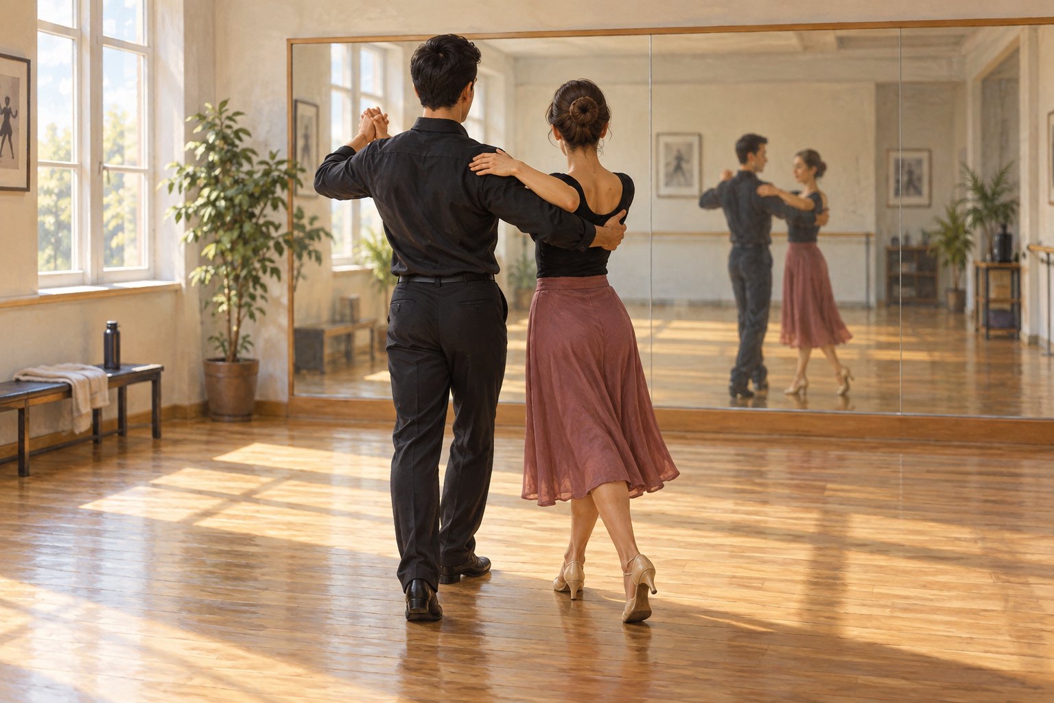 Conceptual illustration of two anonymous dancers practicing a ballroom hold before a mirror in a sunlit rehearsal studio.