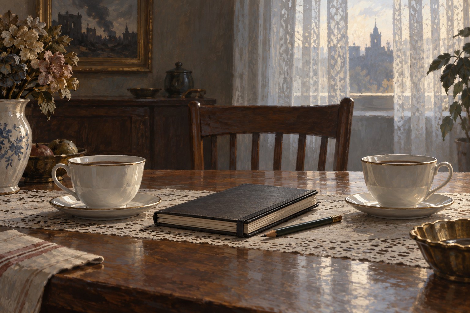Conceptual illustration of two teacups, a closed reporter’s notebook, and a pencil on a dining table beneath a lace-curtained window.