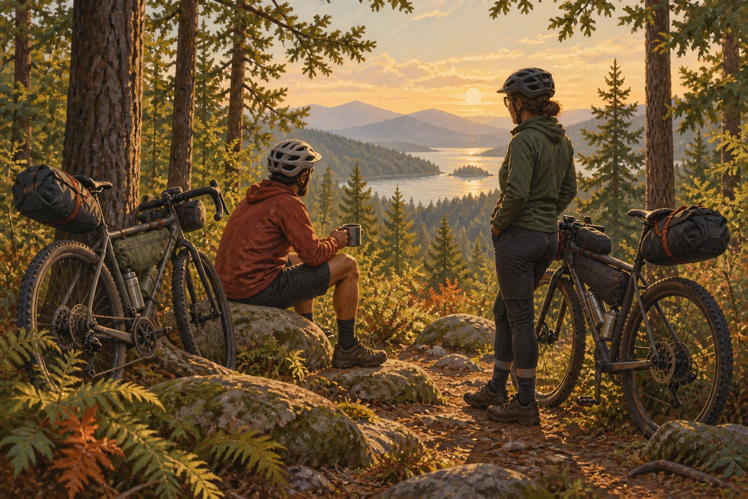 Conceptual illustration of two bikepackers resting beside loaded bicycles in a wooded mountain clearing.