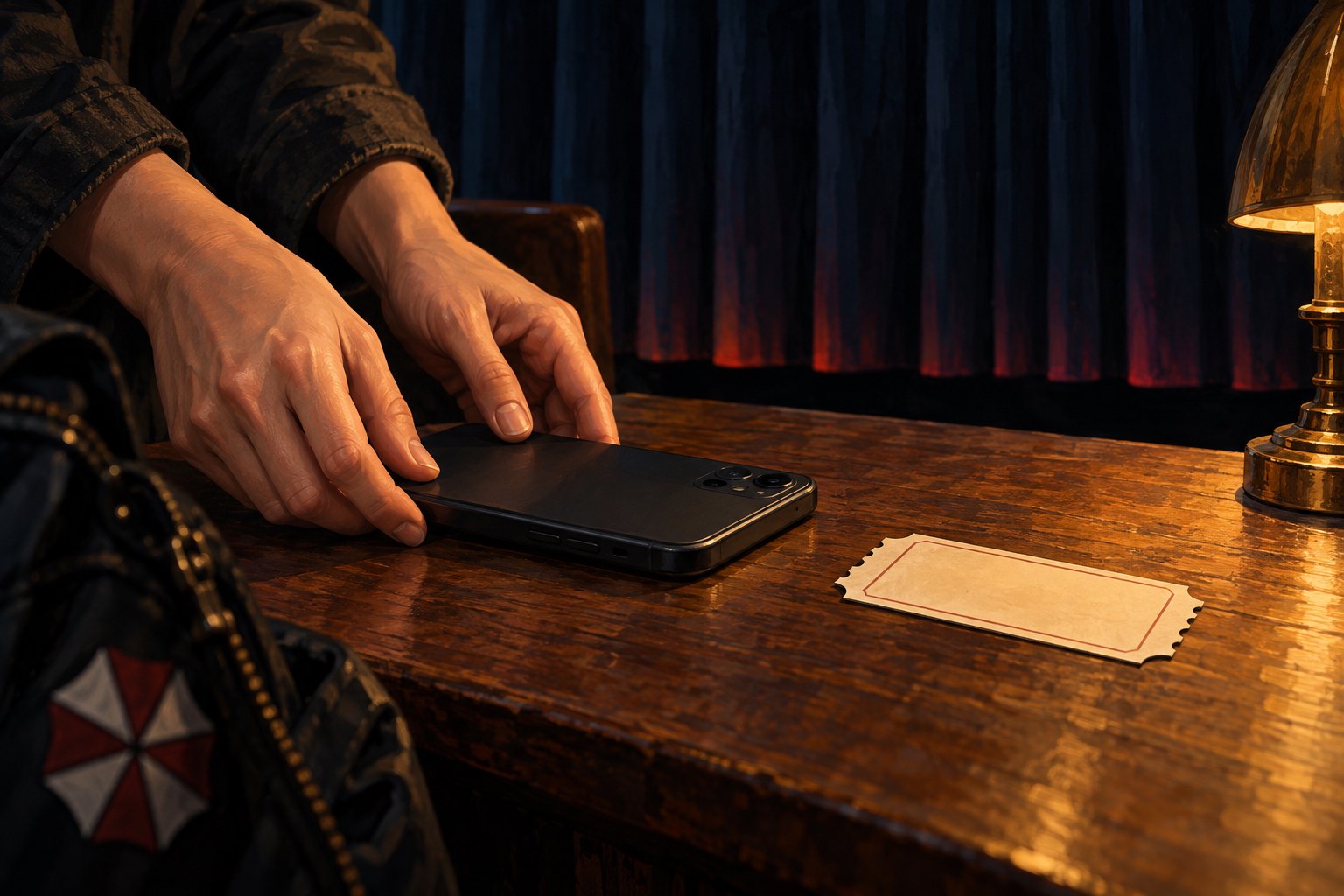 Conceptual illustration of hands placing a smartphone face down beside a blank ticket on a warmly lit wooden table.