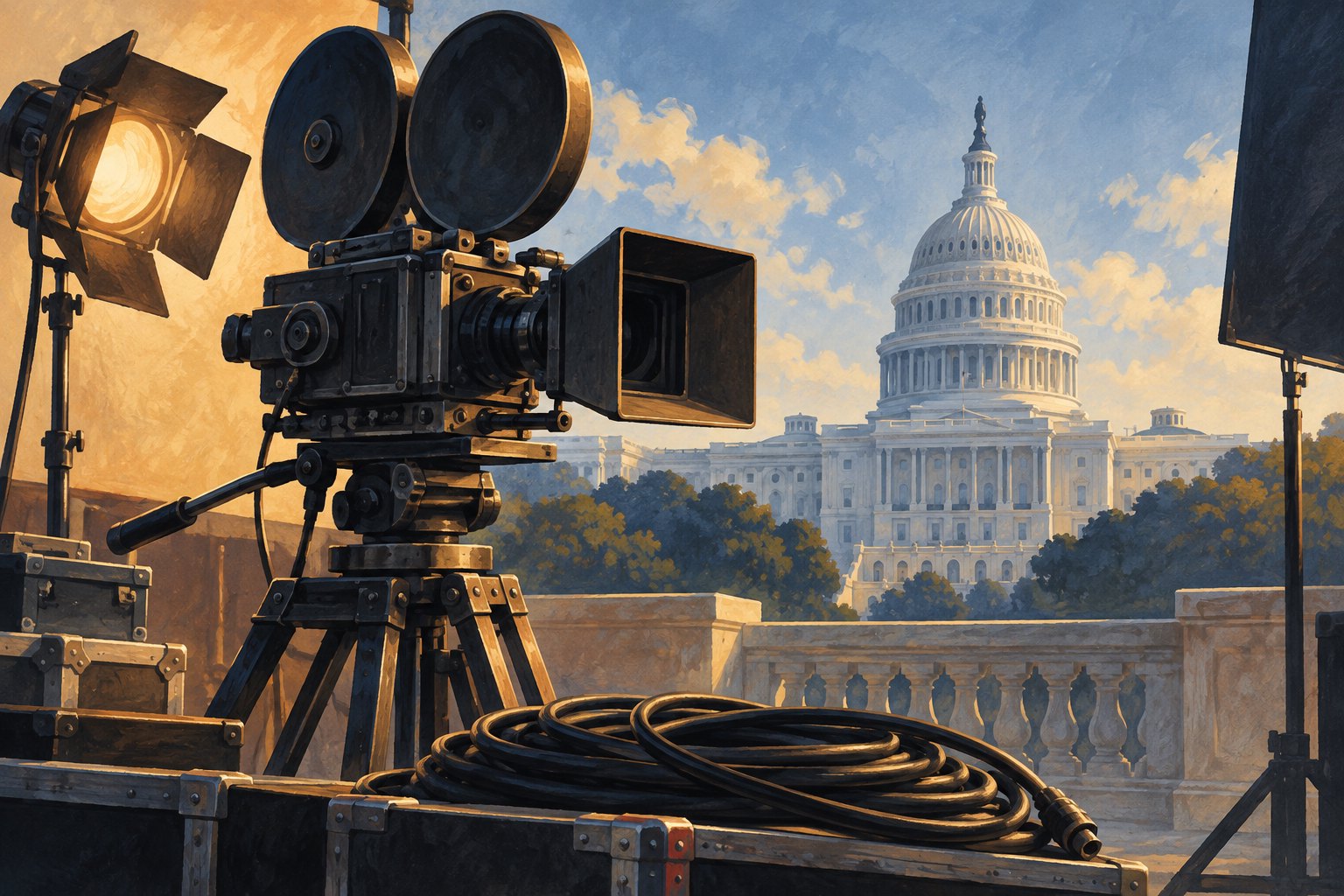 Editorial illustration of a movie camera, studio lighting, and coiled cables overlooking the U.S. Capitol.