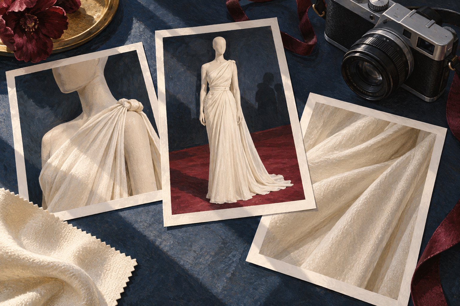 Conceptual illustration of three prints showing an ivory dress at different scales, arranged beside a camera and fabric swatch.