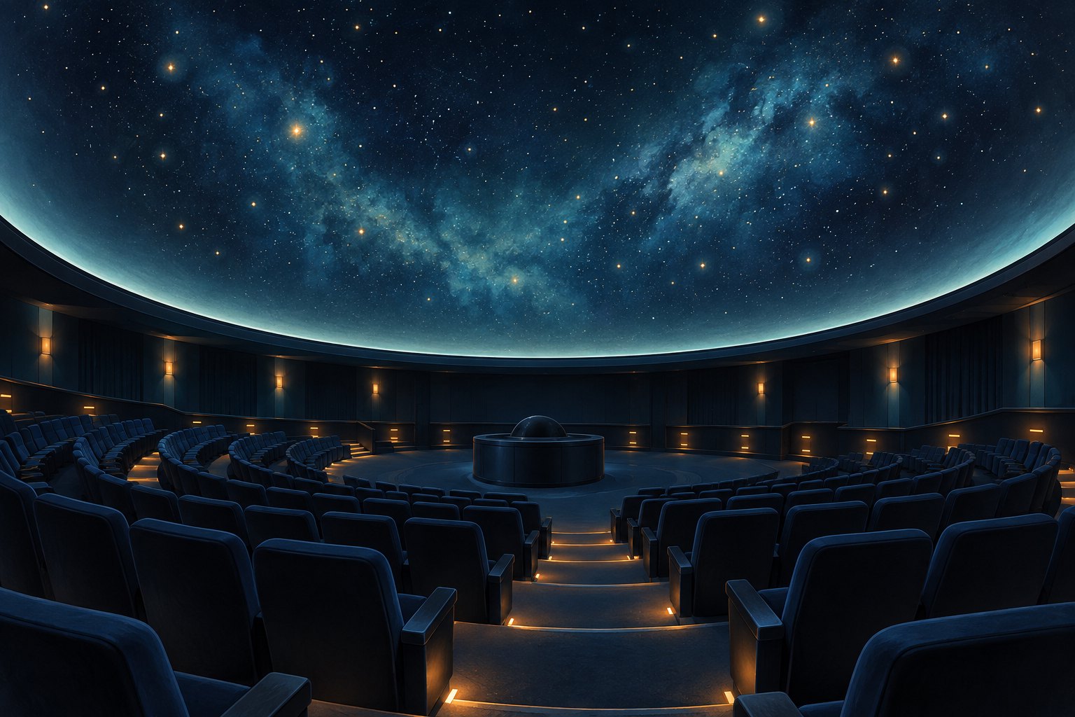 Conceptual illustration of an empty planetarium with curved blue seating beneath a glowing star-filled dome.