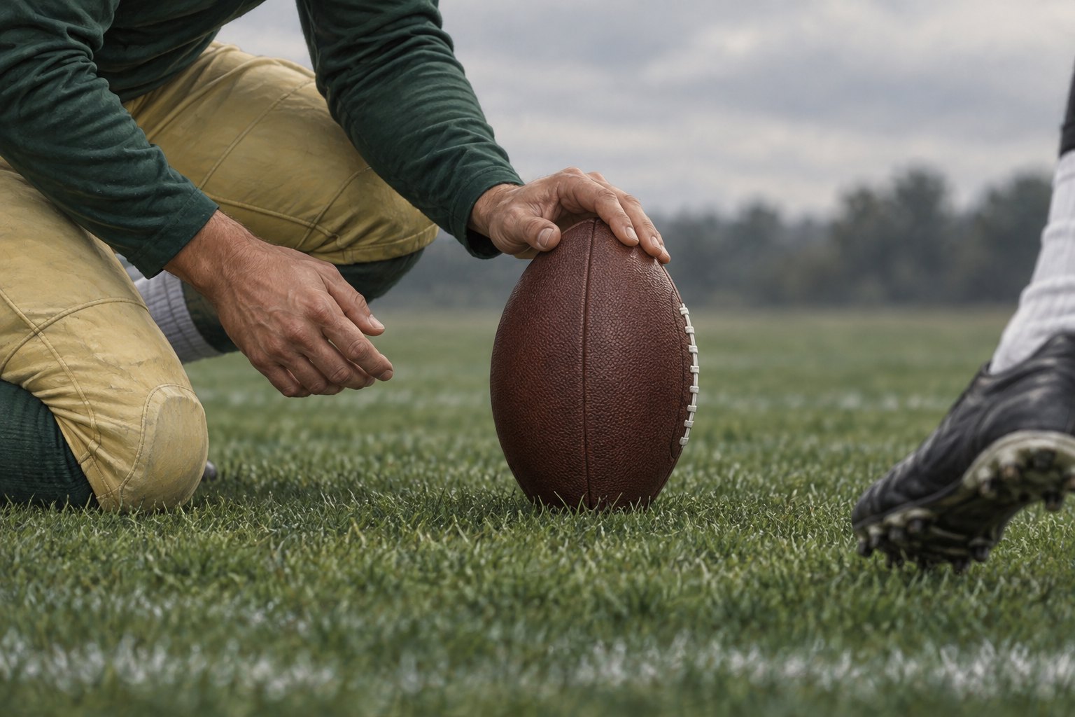 Close-up editorial illustration of a holder steadying a football on the turf as a kicker’s shoe approaches.