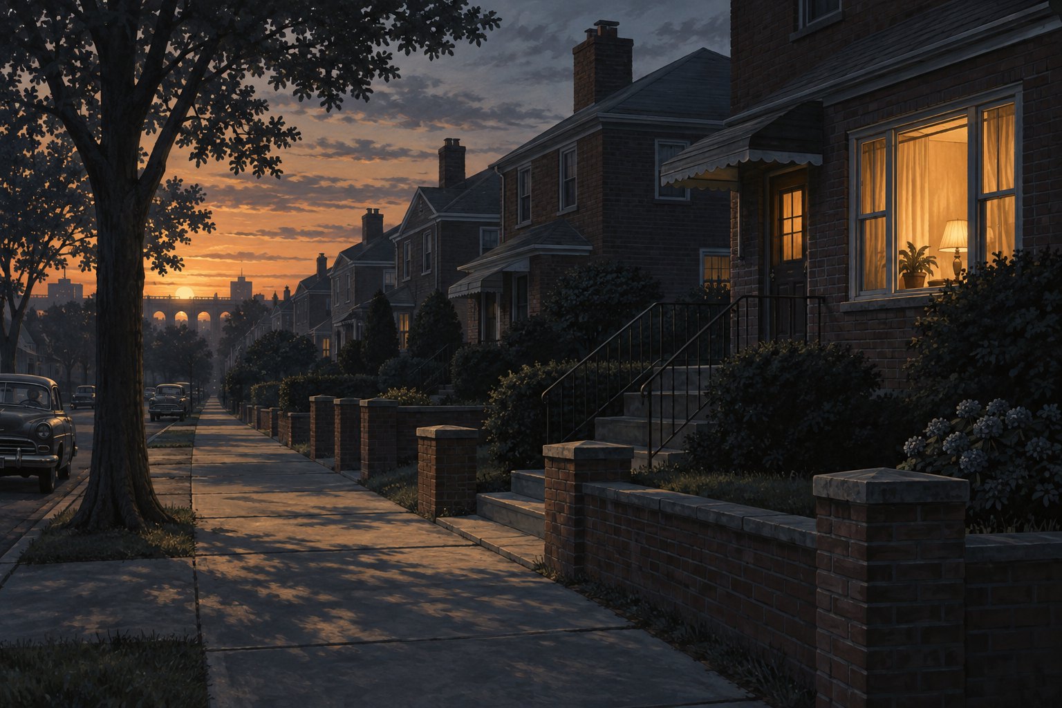 Conceptual illustration of a quiet Queens-style residential street with brick houses, glowing windows, and long evening shadows.