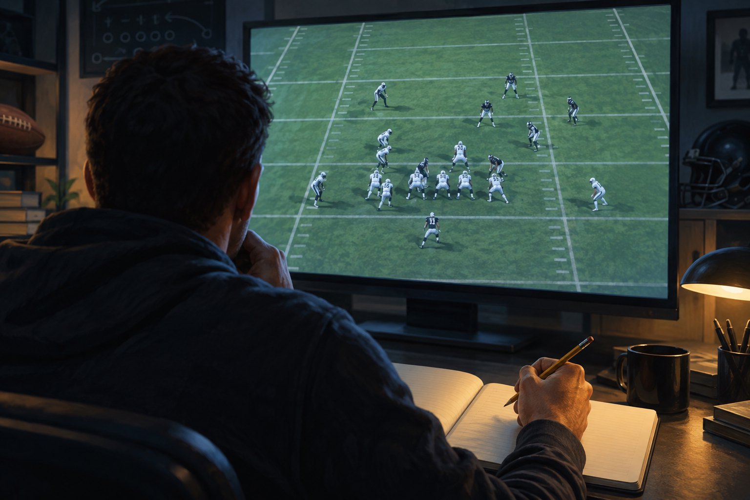Conceptual illustration of a viewer studying football footage on a large screen with a pencil and open notebook.