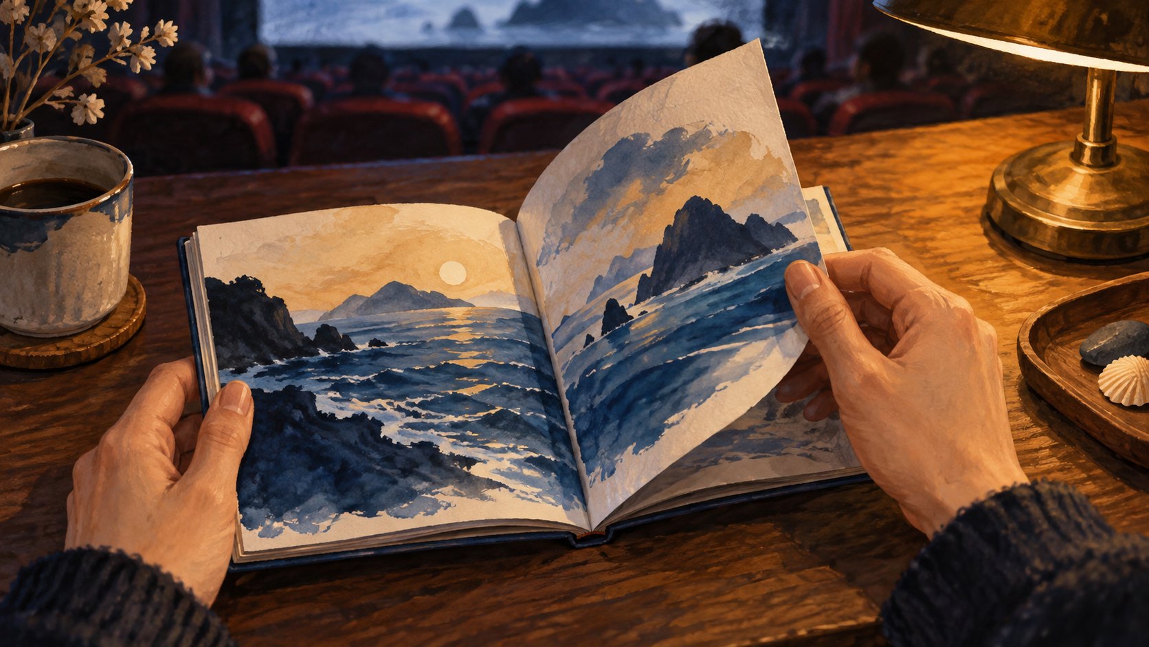 暖光下翻閱海島圖畫書冊的閱讀情境插畫,非「秘密書」實際內頁