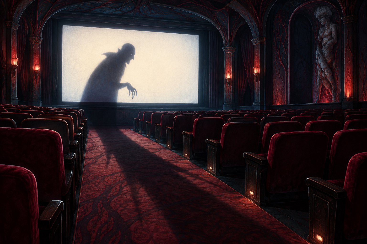 Conceptual illustration of an empty theater with burgundy seats, a vampire silhouette on the screen, and branching shadows.