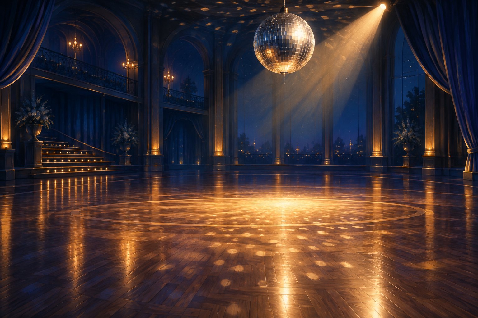 Conceptual illustration of an empty ballroom beneath a mirrored disco ball, with golden light falling across the polished floor.