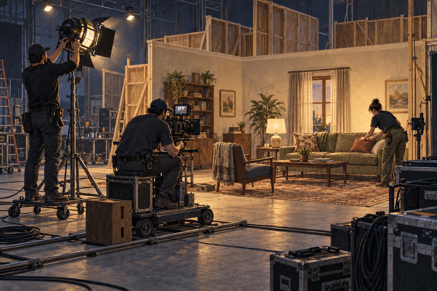 Editorial illustration of three film crew members arranging lighting, operating a camera, and dressing a living-room set.