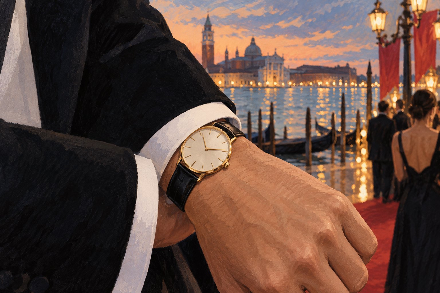 Editorial illustration of a gold wristwatch beneath a white shirt cuff and black jacket against a Venetian waterfront at sunset.