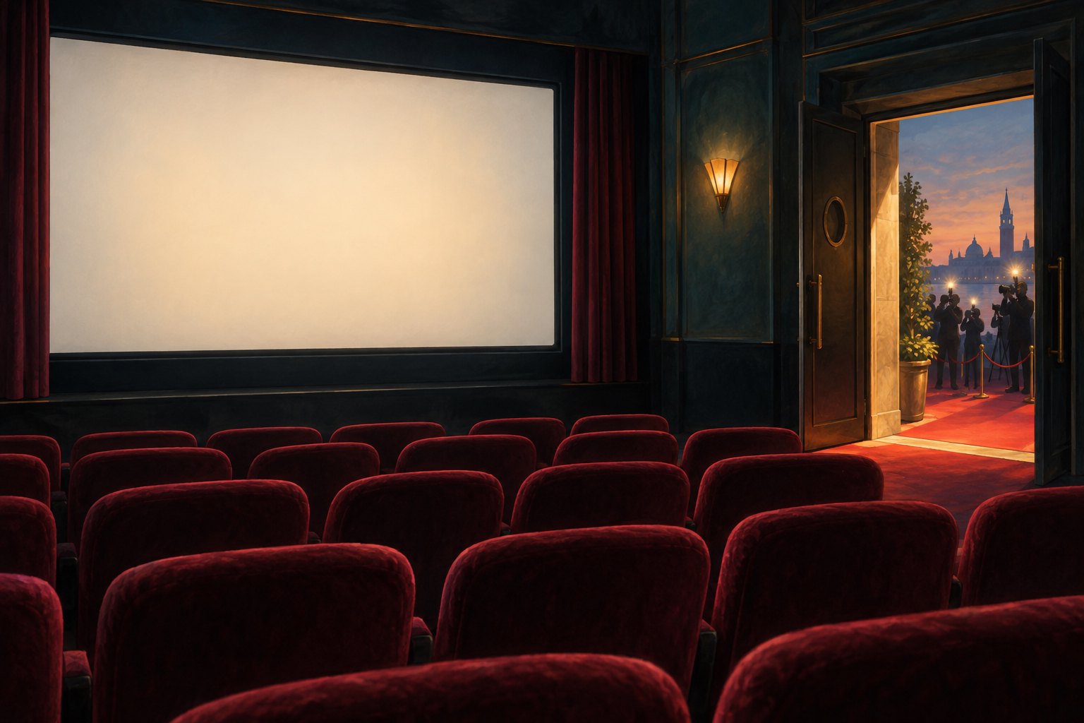 Conceptual illustration of an empty cinema with a blank screen and an open doorway leading to photographers beside a red carpet.