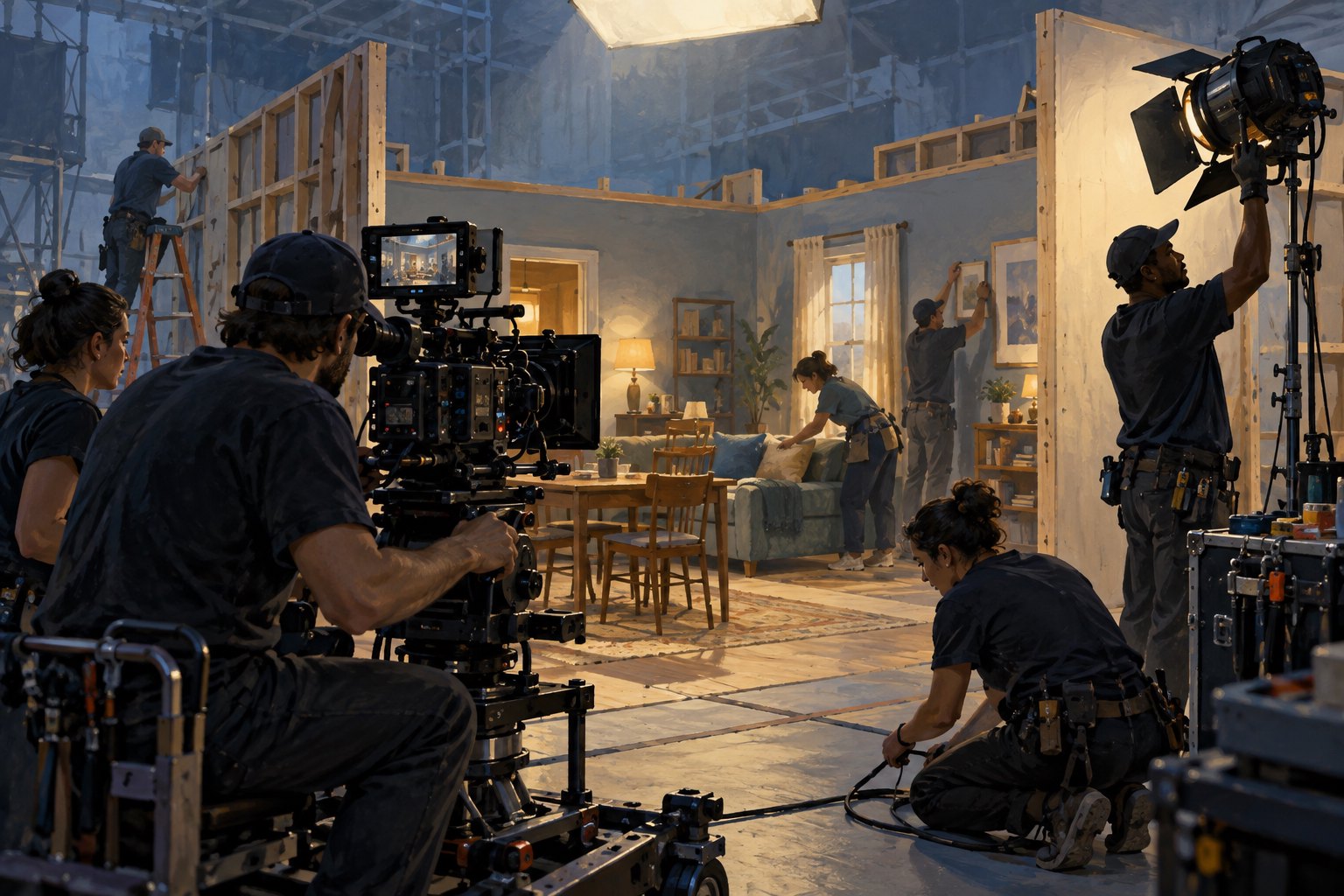 Conceptual illustration of film crew members preparing camera equipment and lighting on an interior soundstage.