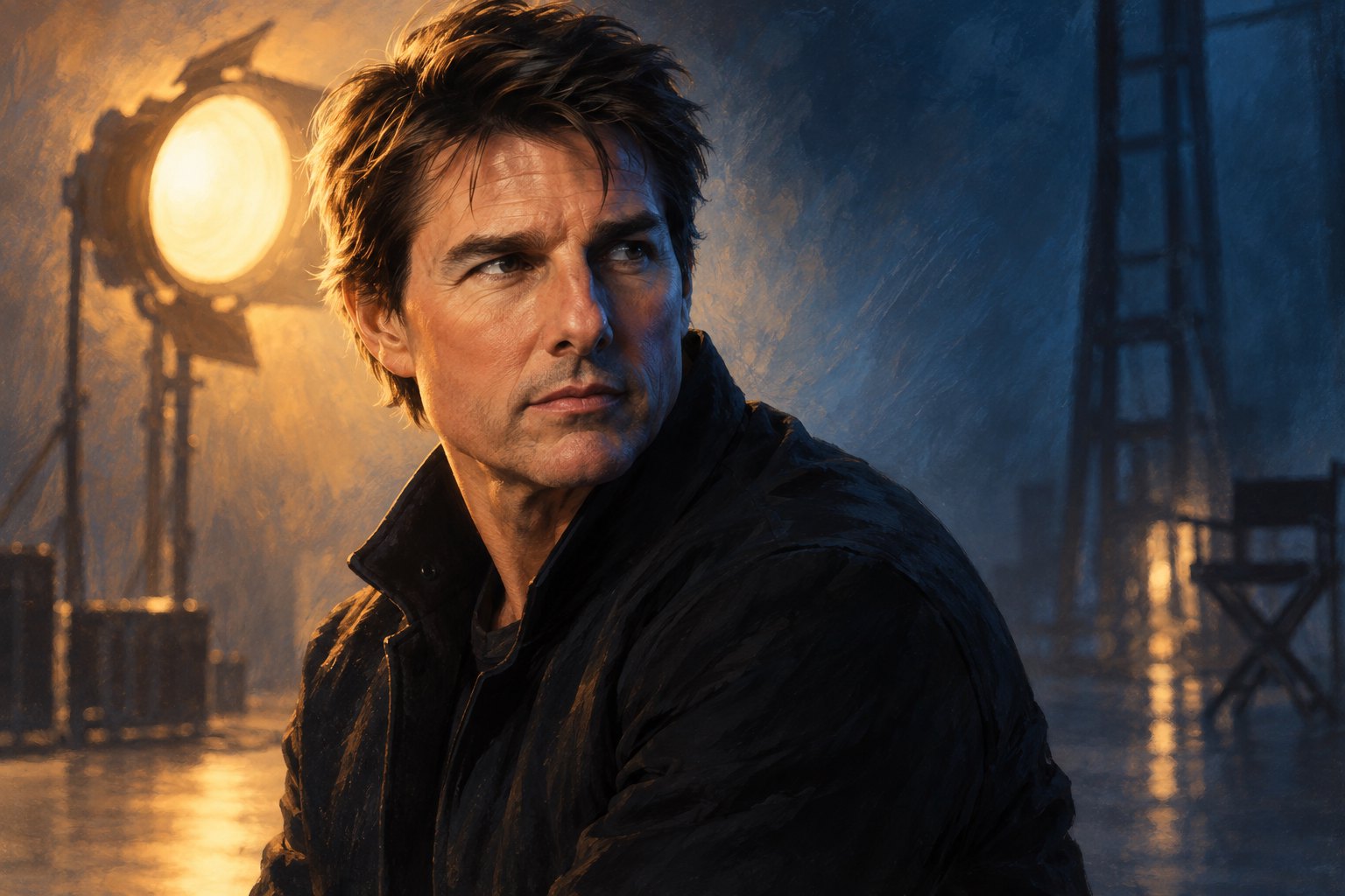 Painterly portrait of Tom Cruise on a shadowy soundstage, with warm studio light behind him.