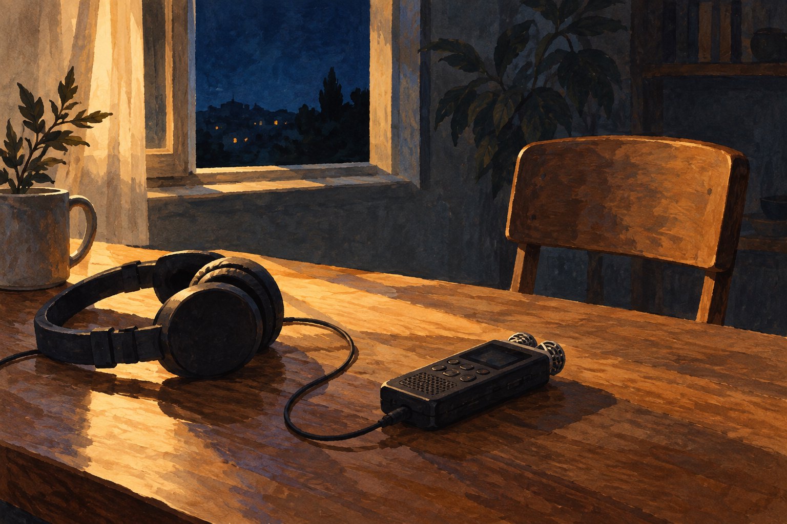 Symbolic illustration of an audio recorder and headphones on a wooden table beside an empty chair and a window at night.